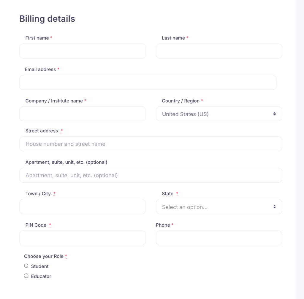Billing details form with a field to choose your role