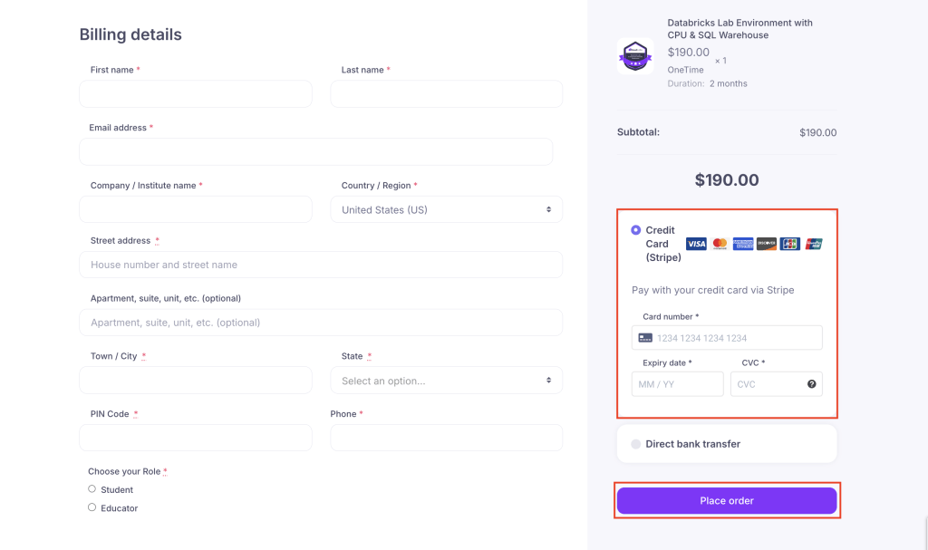 Entering card details and placing the order