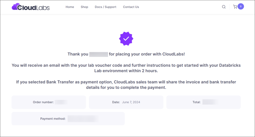 Order confirmation message received in the email inbox