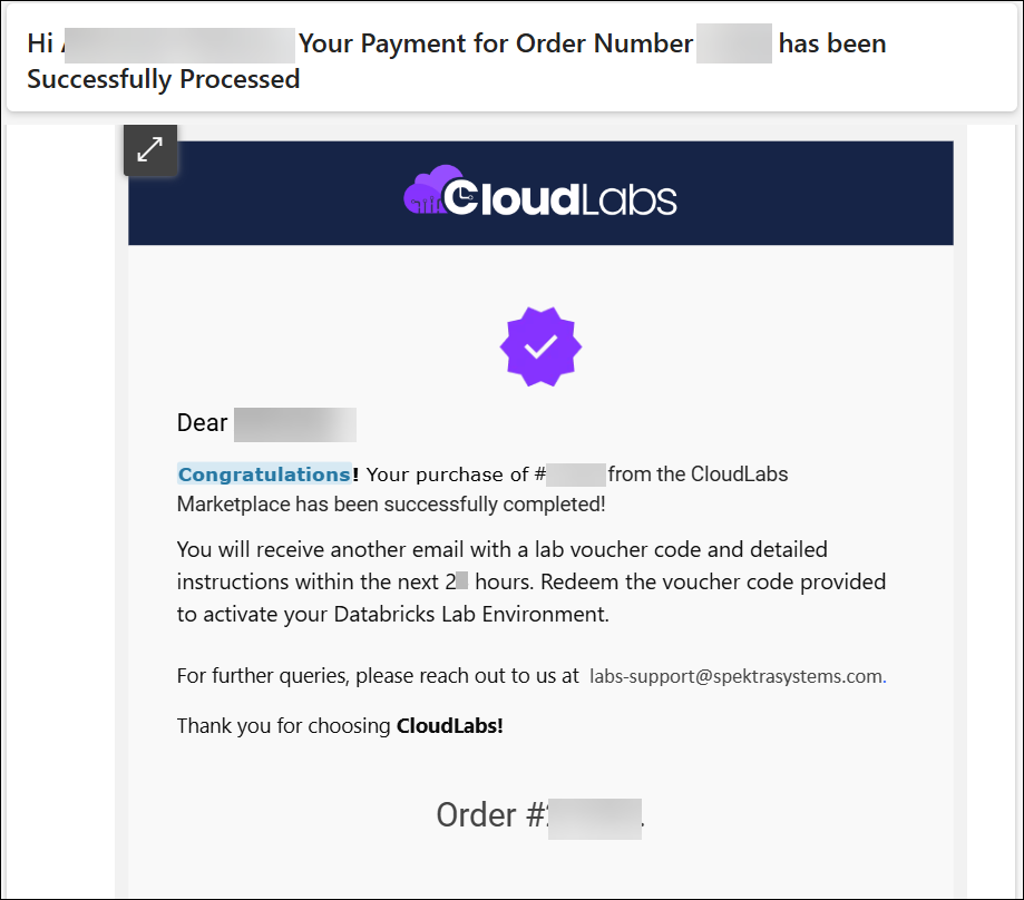 Confirmation email received after a successful bank transfer purchase
