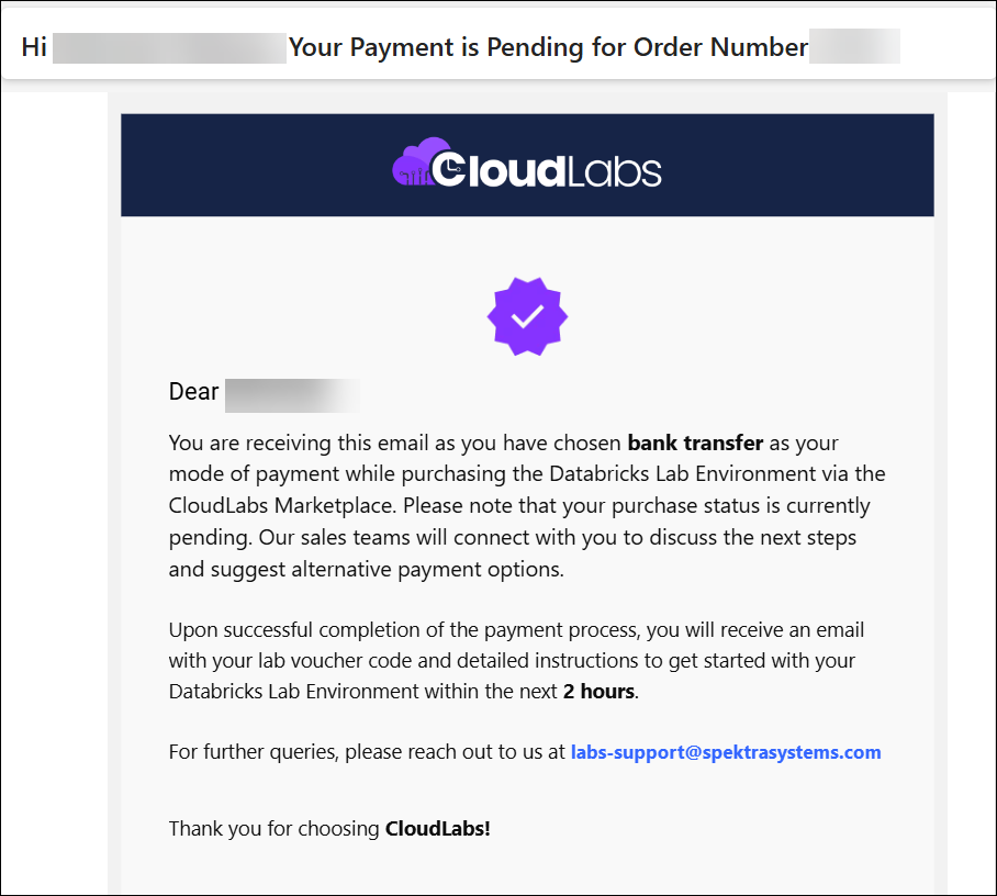 Confirmation email received after a successful credit card purchase