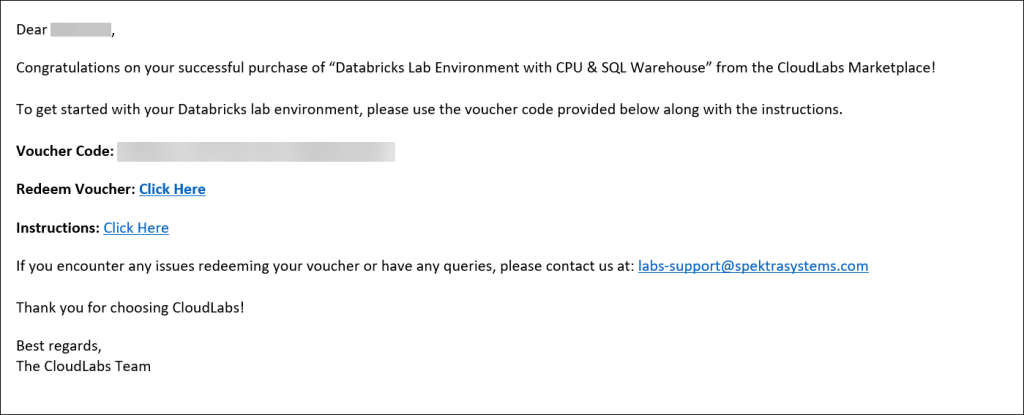 Email containing the Databricks lab voucher code and redemption URL