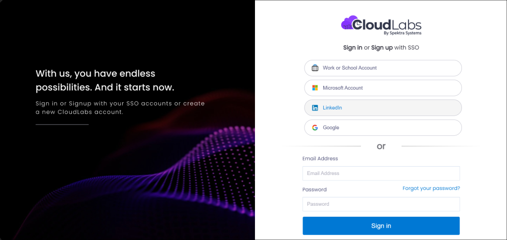 CloudLabs portal login options: Work or School, Microsoft, LinkedIn, and Google