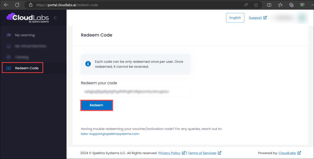 Redeem your code section in the CloudLabs portal