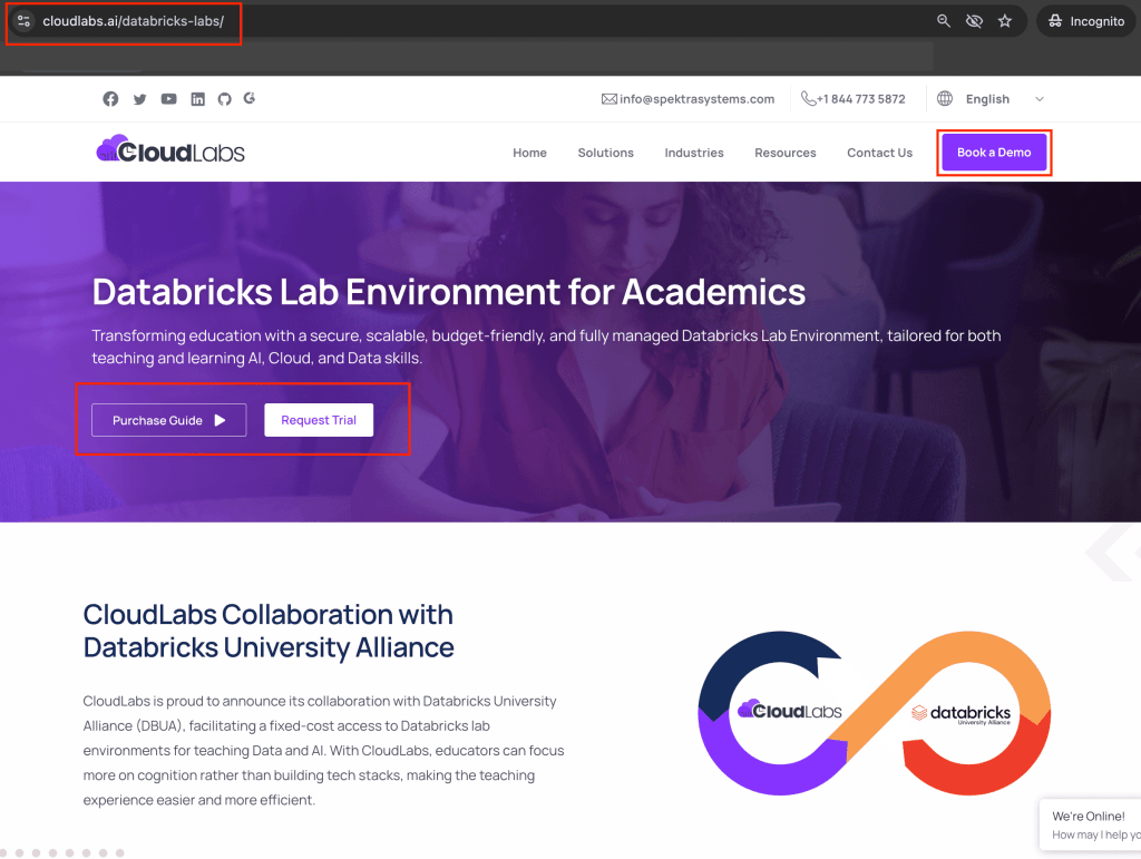 CloudLabs Databricks Labs landing page with book a demo and free trial options