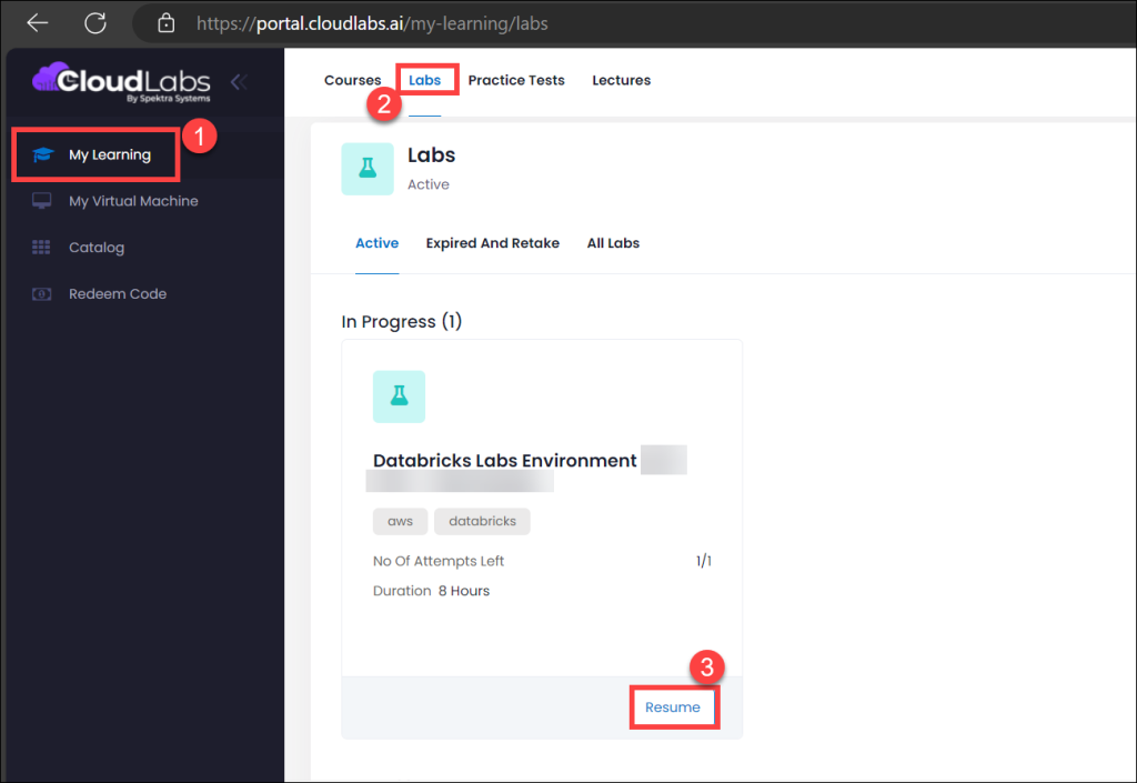 My Learning menu with the Labs tab and Launch option for a purchased lab