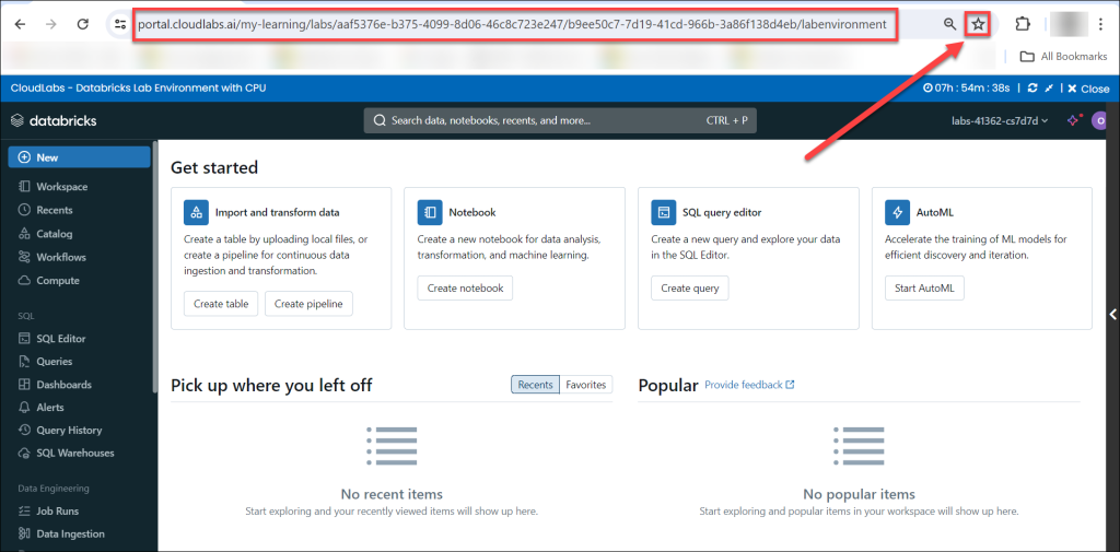 Lab page showing duration, note, lab description, and login instructions