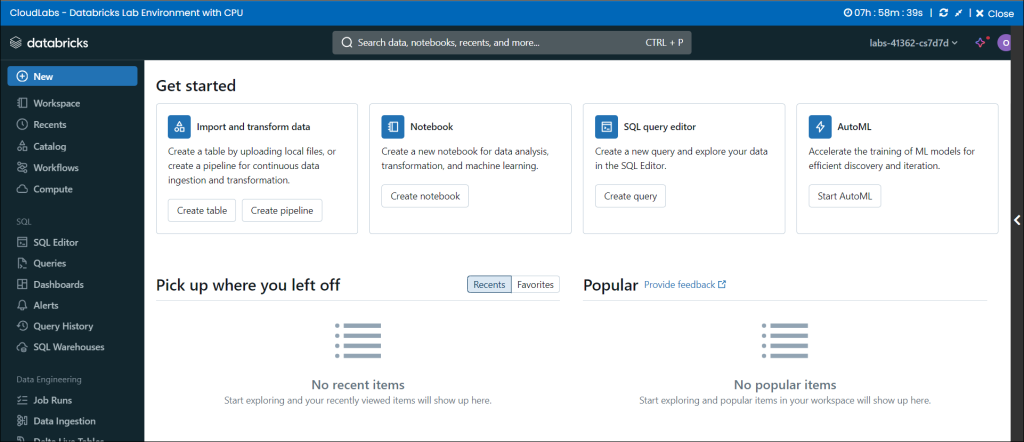 Databricks workspace dashboard after successful login