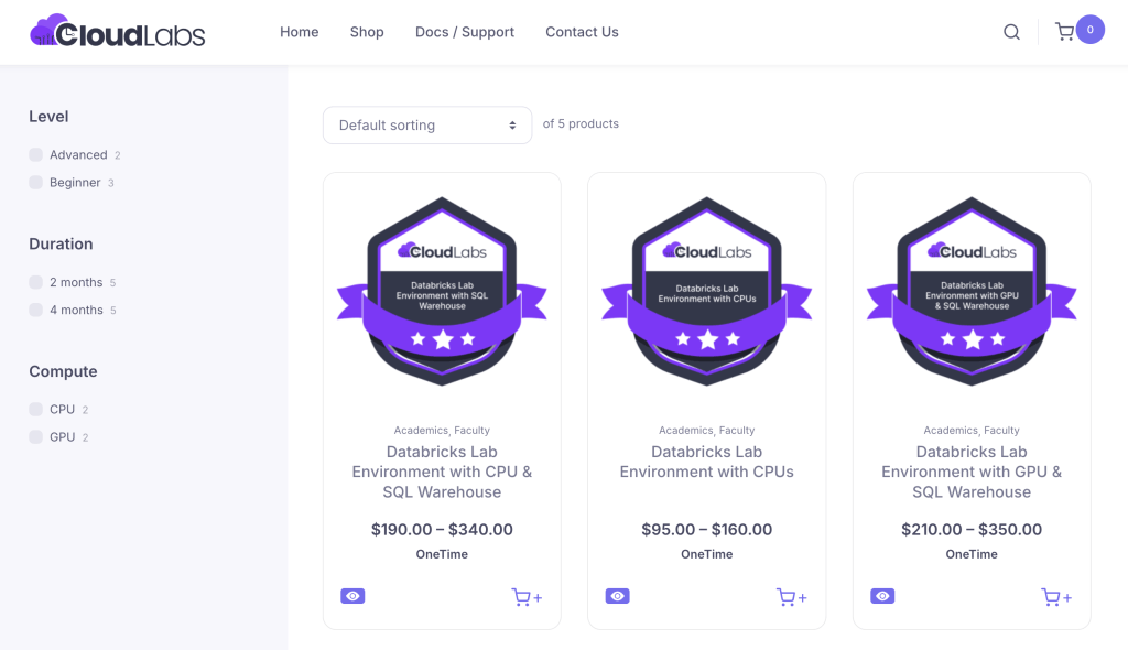 CloudLabs Marketplace showing Databricks lab environment offerings