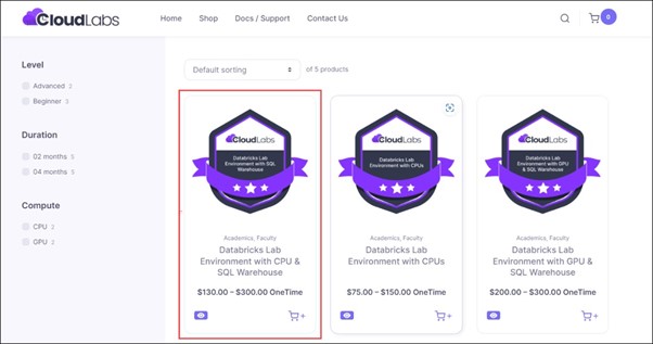 Selecting a Databricks lab offering in the CloudLabs Marketplace